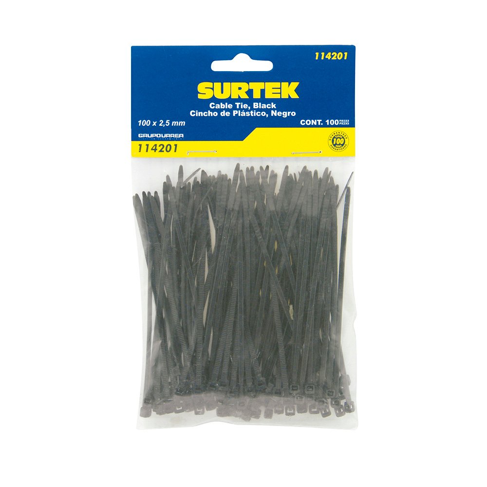 12 Pza Cinchos plásticos 100 x 2.5 mm, tensión 8 kg de 100 piezas, color negro Surtek