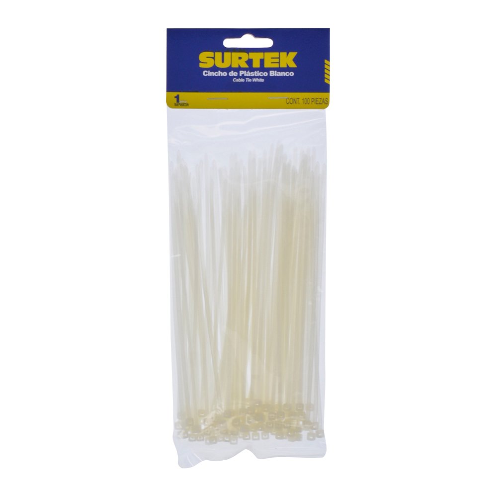 12 Pza Cinchos plásticos 165 x 2.5 mm, tensión 8 kg de 100 piezas, color natural Surtek