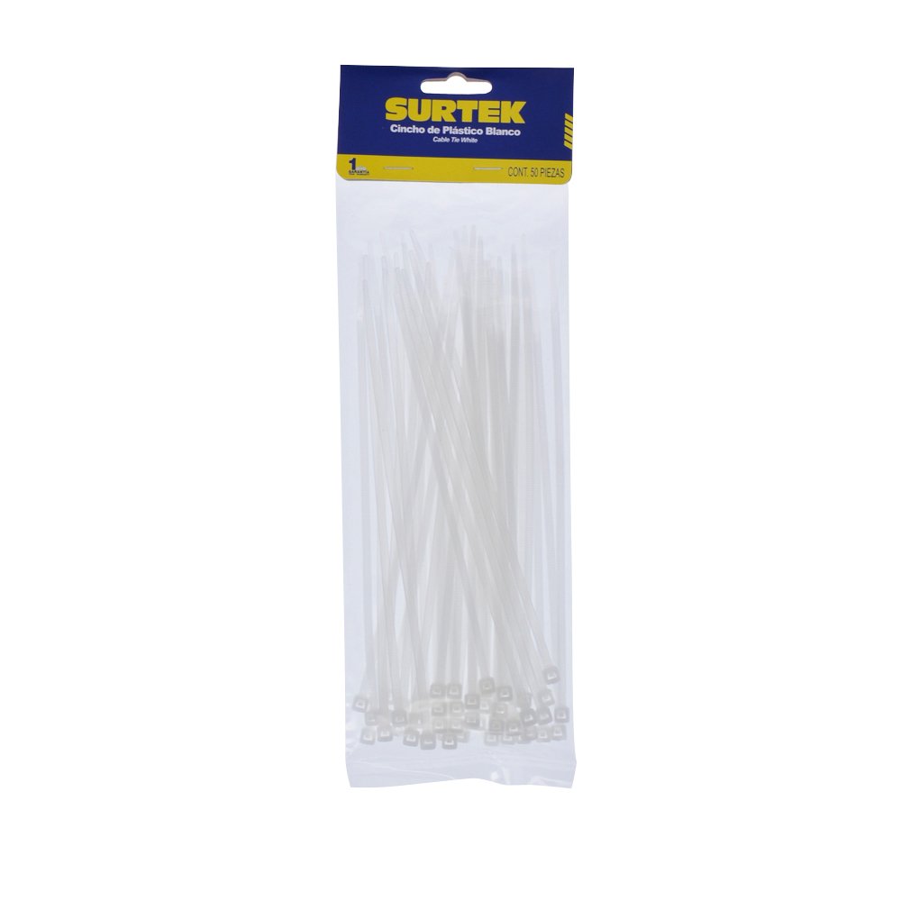 12 Pza Cinchos plásticos 150 x 3.6 mm, tensión 18 kg de 50 piezas, color natural Surtek