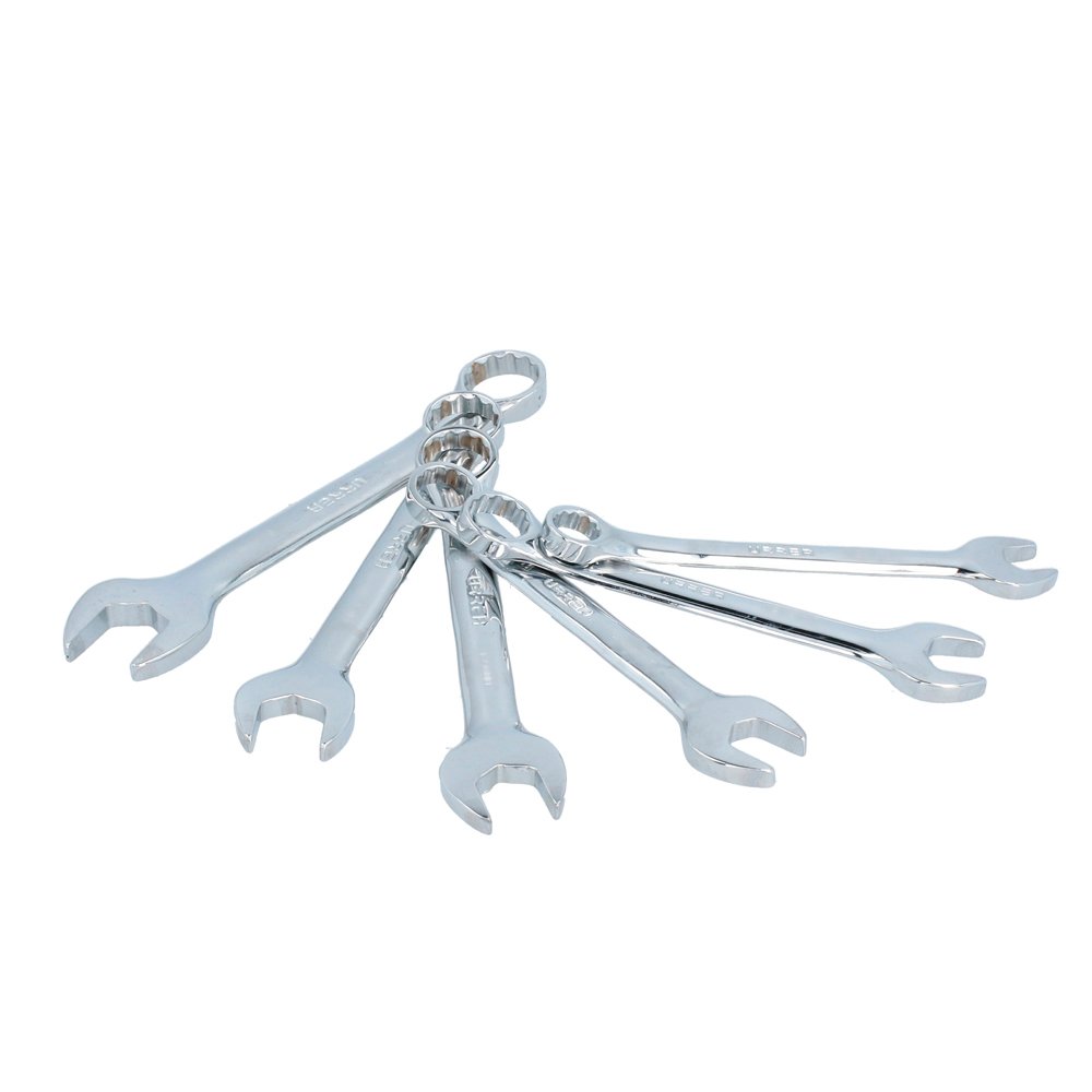Juego de llaves combinadas cortas pulido espejo en pulgadas, 12 puntas, 6 pz en rack Urrea