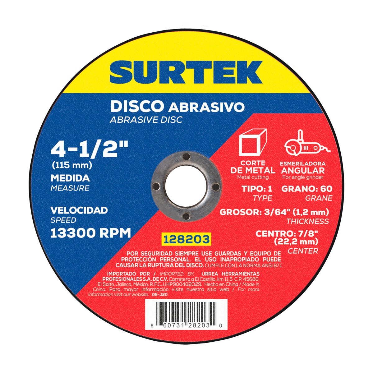 5 Pza Disco abrasivo tipo 1 para metal 4-1/2" x 1.2 mm Surtek