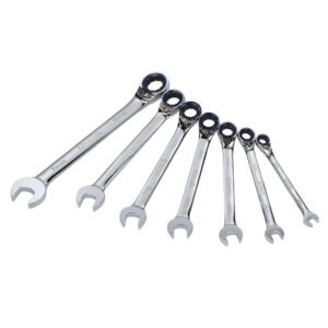 Juego de llaves combinadas pulido espejo de matraca rev mét, 12 puntas,7 pz en rack Urrea