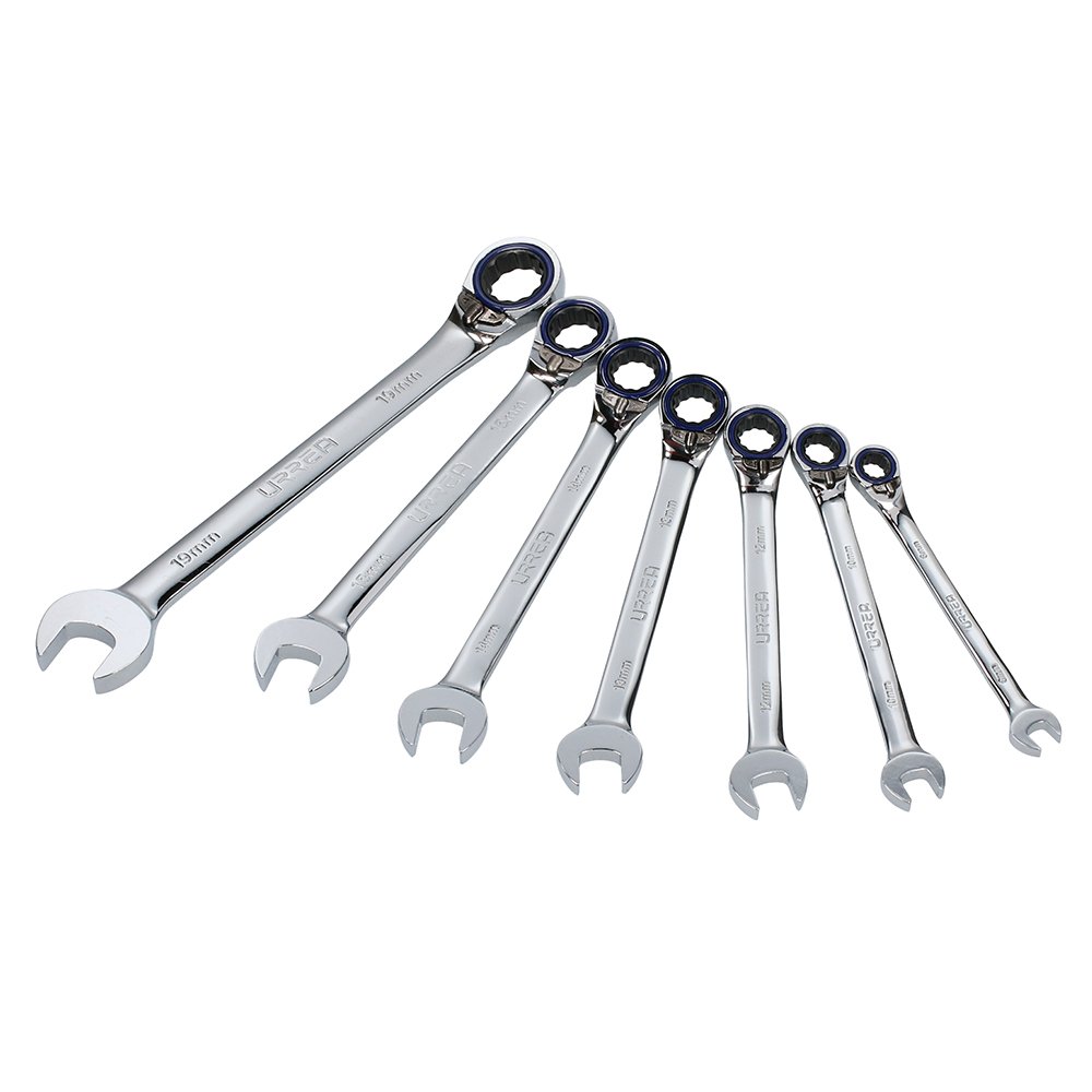 Juego de llaves combinadas pulido espejo de matraca rev mét, 12 puntas,7 pz en rack Urrea