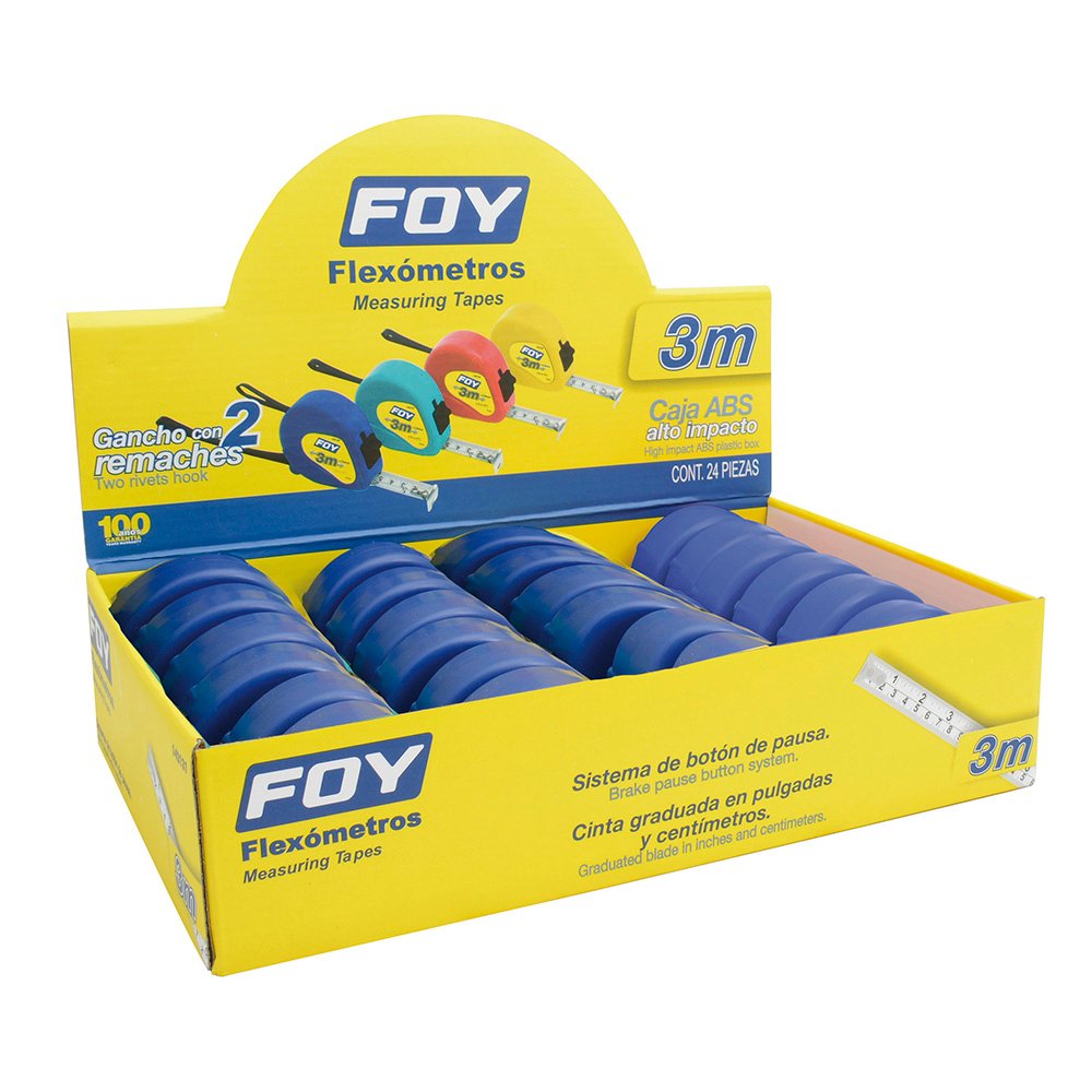 24 Pza Flexómetros con carcasa de plástico azul en display 3 m x 1 Foy