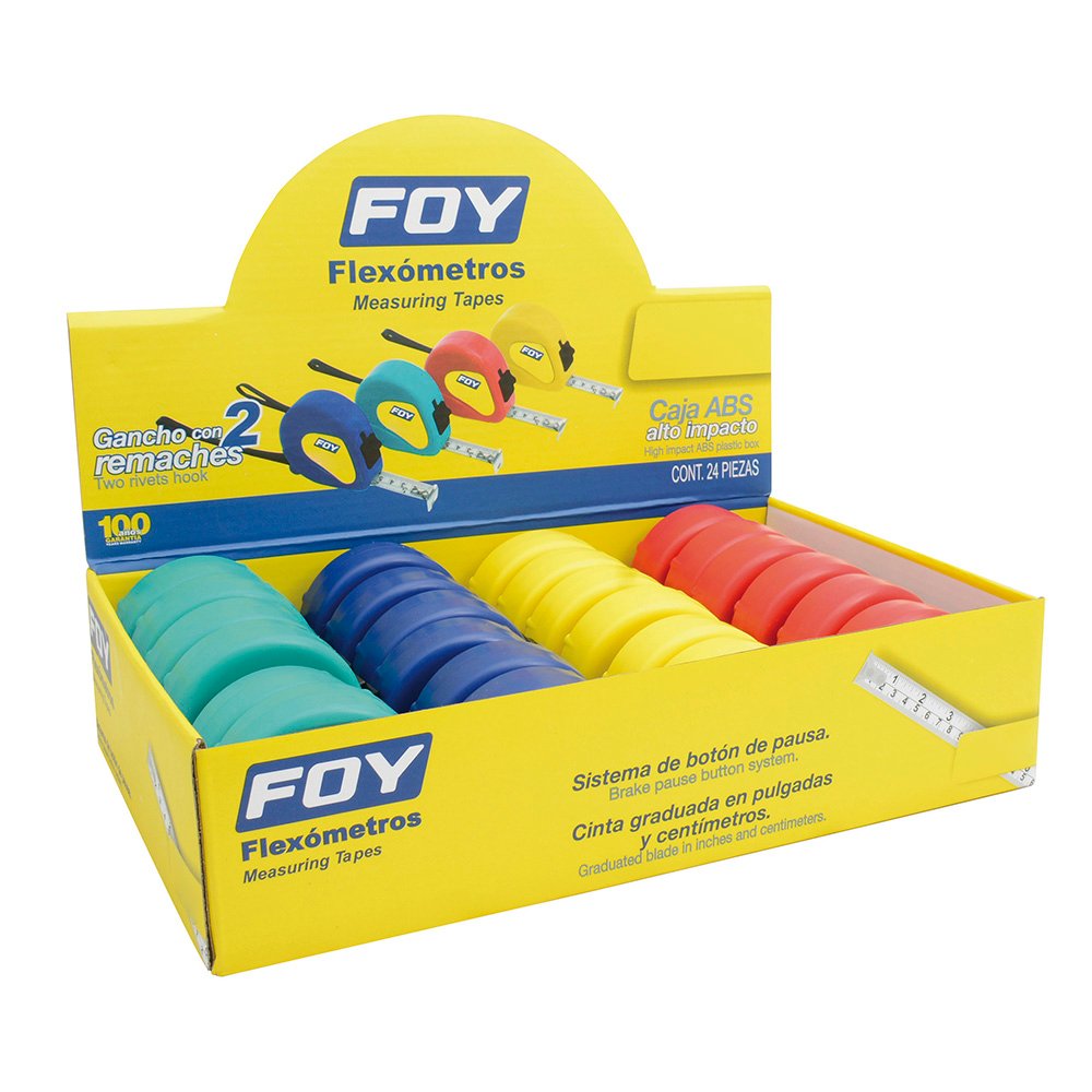 12 Pza Flexómetros con carcasa de plástico colores en display 5 m x 3/4" Foy