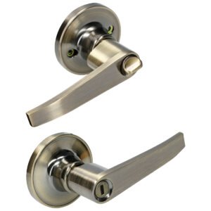 Manija tubular recta función baño, latón antiguo, llave estándar, blíster Lock