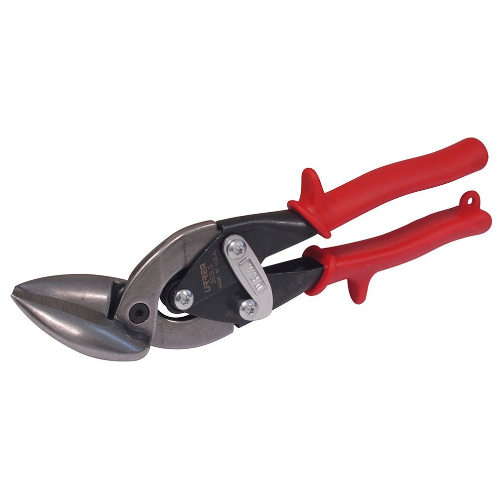 3 Pza Tijera para hojalatero tipo aviación acodada izquierda con mango rubber grip, 10" Urrea