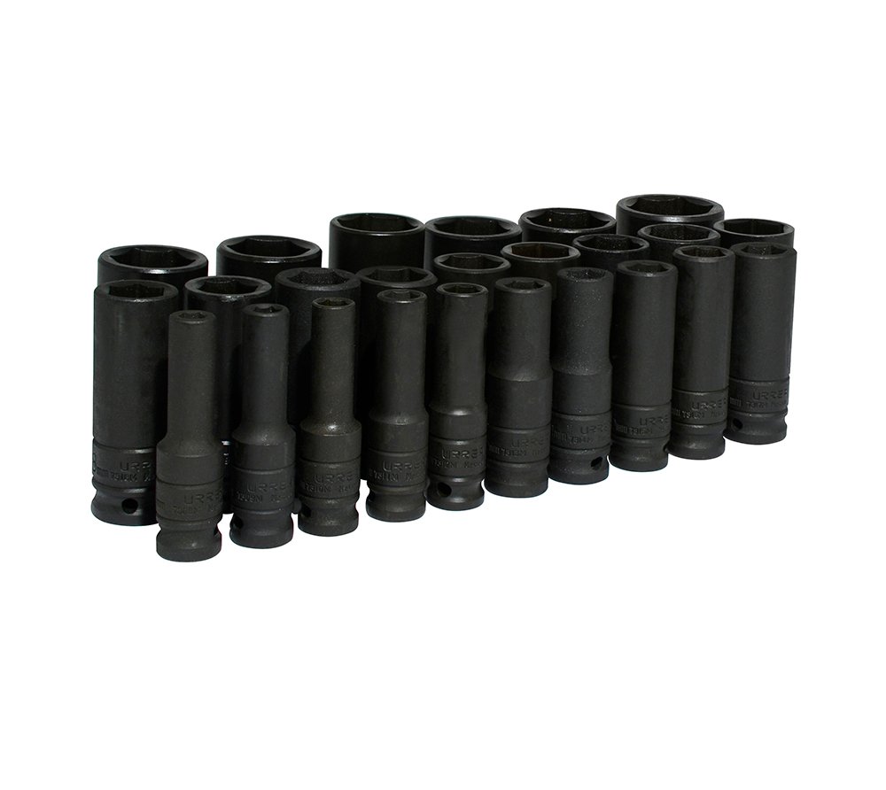 Juego de dados largos de impacto cuadro de 1/2", 6 puntas, métricos, 25 piezas Urrea