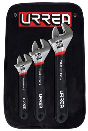 Juego de llaves ajustables cromadas con mango Rubber Grip, 3 piezas en estuche Urrea