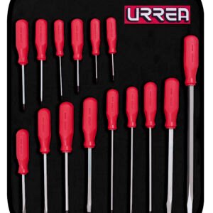 Juego de destornilladores con mango rojo, combinados, 15 piezas en estuche Urrea