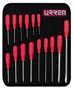 Juego de destornilladores con mango rojo, combinados, 15 piezas en estuche Urrea