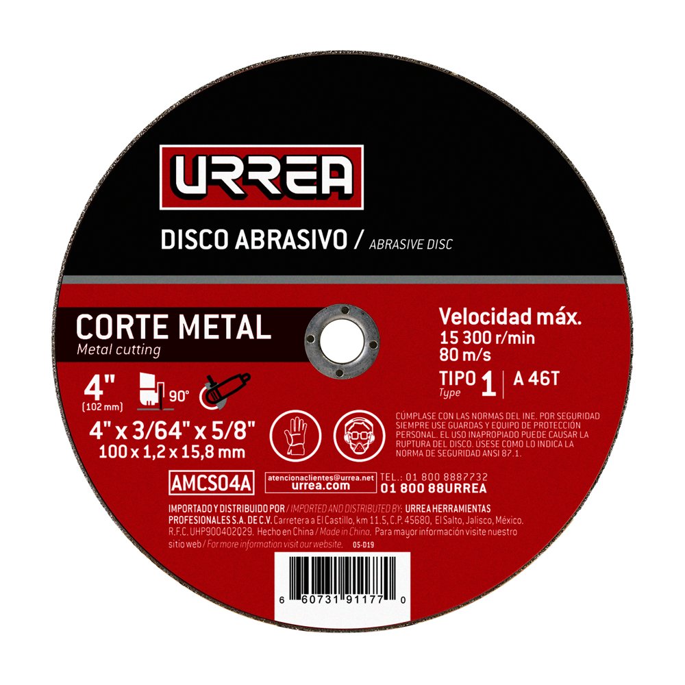 5 Pza Disco abrasivo tipo 1 para metal 4" x 3/64" Urrea