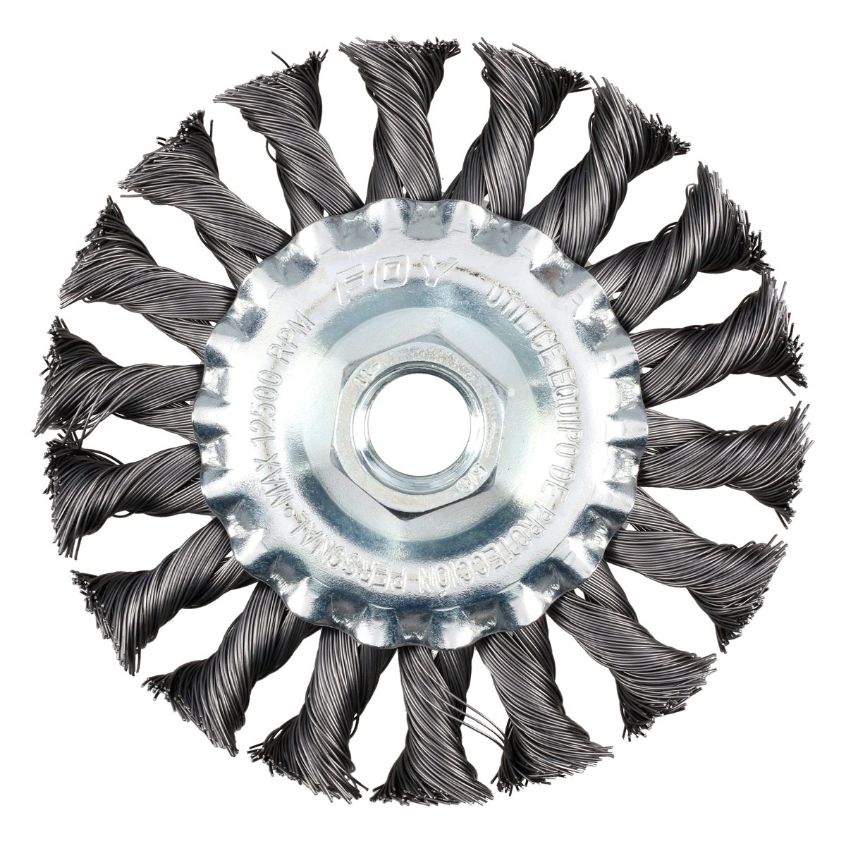 Carda circular trenzada alambre grueso 4" x 0.50 con rosca 5/8" Foy