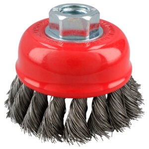 Carda copa trenzada alambre delgado de acero inoxidable 3" x 0.35 mm con rosca 5/8" Urrea