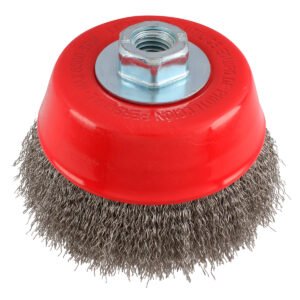 Carda copa ondulada alambre delgado de acero inoxidable 5" x 0.30 mm con rosca 5/8" Urrea