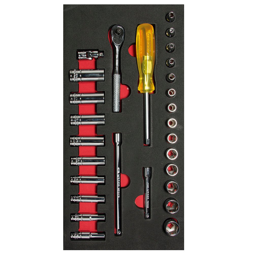 Juego de dados cortos, largos y accesorios cuadro de 1/4" métricos 28 piezas CH103-C Urrea