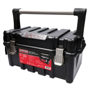 Caja portaherramientas plástica con broches metálicos color negro 17" x 9" x 8" Urrea