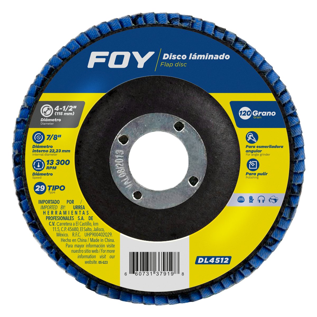 Disco laminado tipo 29 grano 120, 4-1/2" Foy