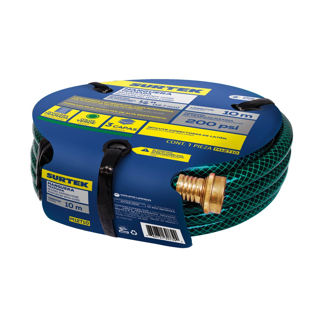 Manguera para jardín tramada verde con conector metálico 1/2", 10 m Surtek