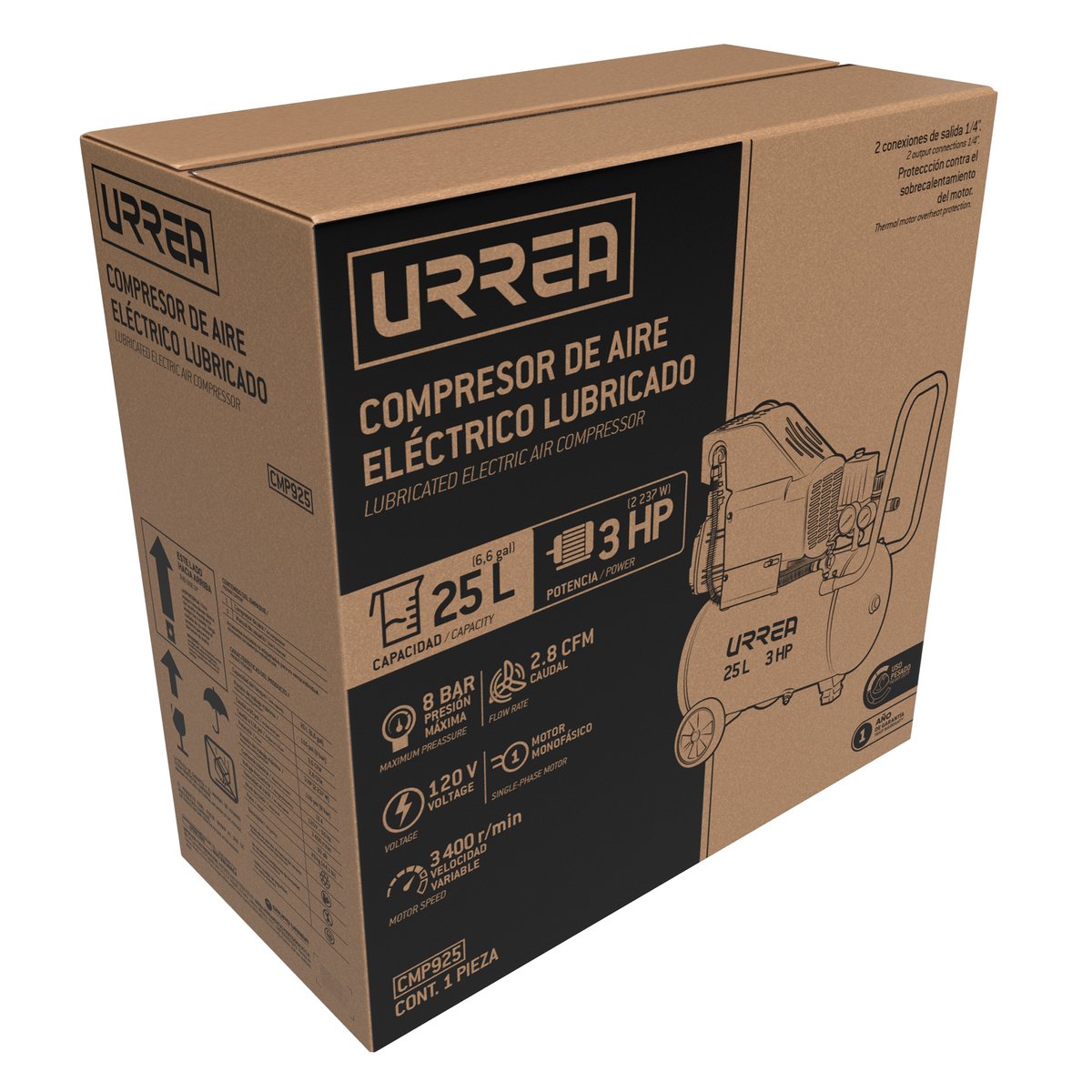 Compresor de aire eléctrico lubricado 25L, 3HP, 120V Urrea - Image 2