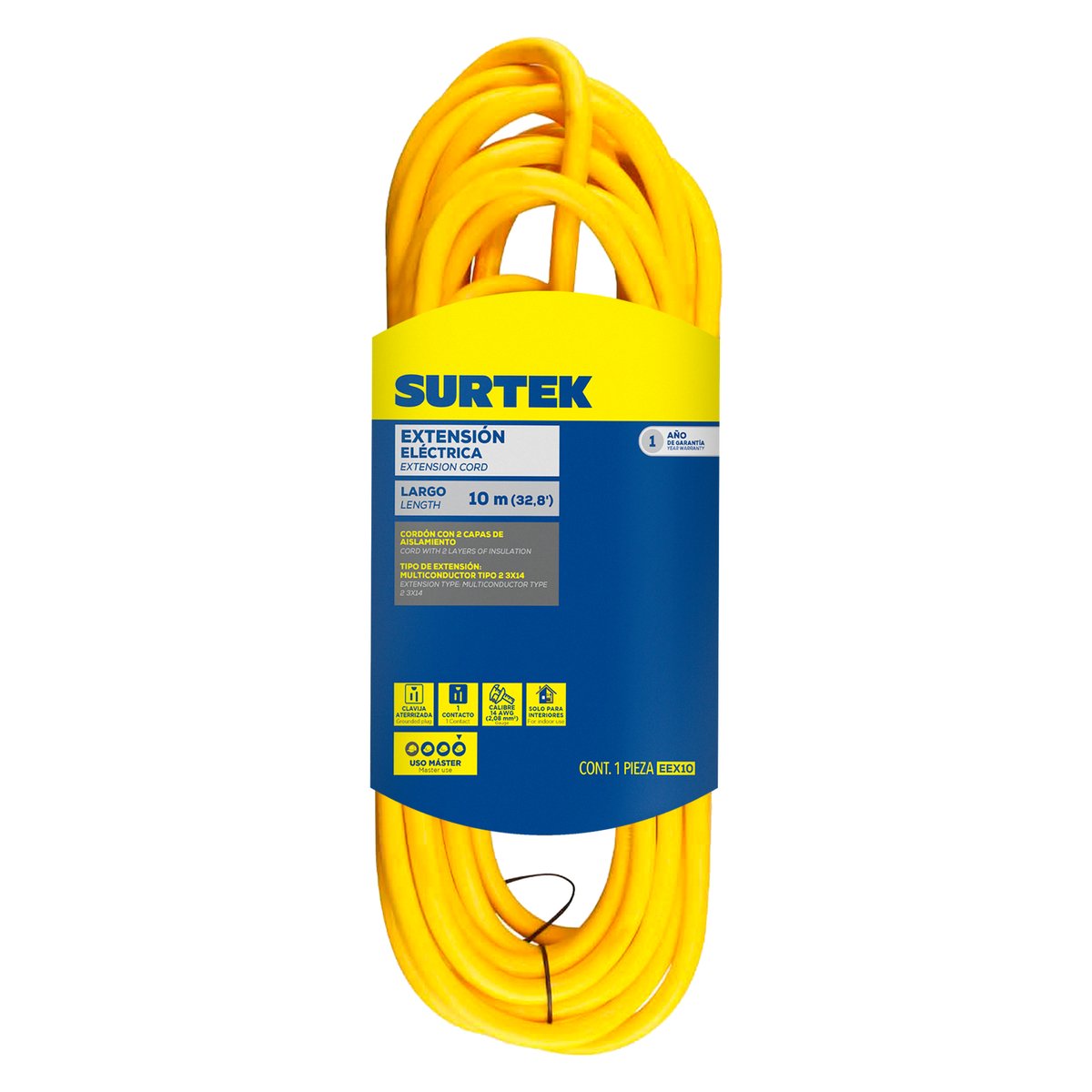 Extensión eléctrica uso extra rudo aterrizada color amarillo, 10 m Surtek - Image 2