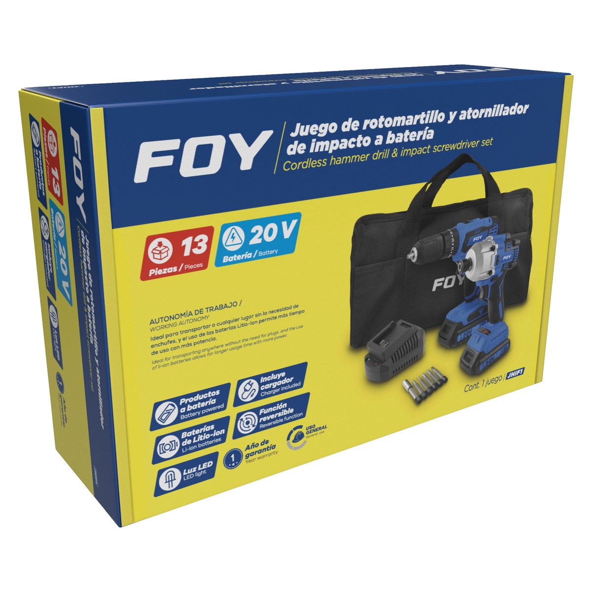 Juego de rotomartillo y atornillador de impacto a batería Li-ion 20 V, 2 piezas en mochila Foy - Image 2