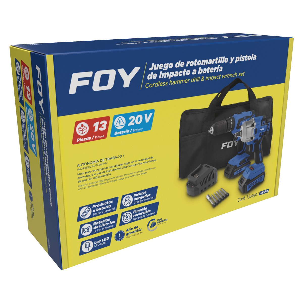 Juego de rotomartillo y pistola de impacto a batería Li-ion 20 V, 2 piezas en mochila Foy - Image 2