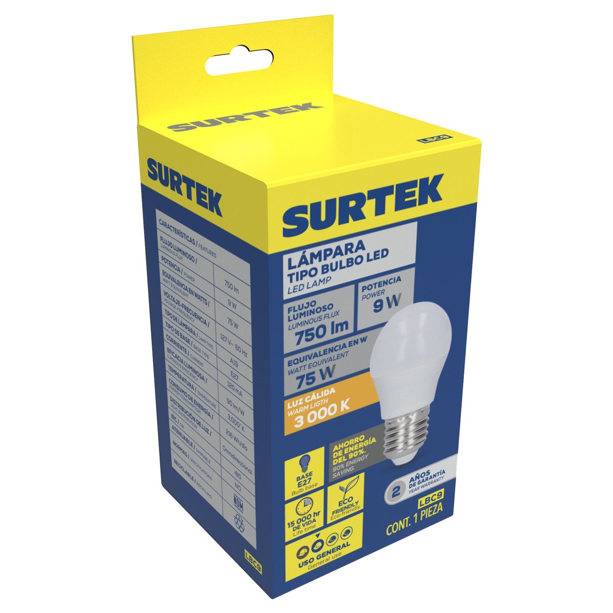 Lámpara de LED tipo bulbo A19, 9 W luz cálida Surtek - Image 2