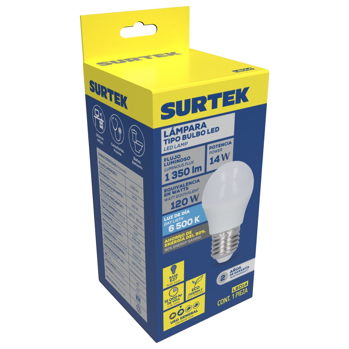 Lámpara de LED tipo bulbo A19, 14 W luz de día Surtek - Image 2