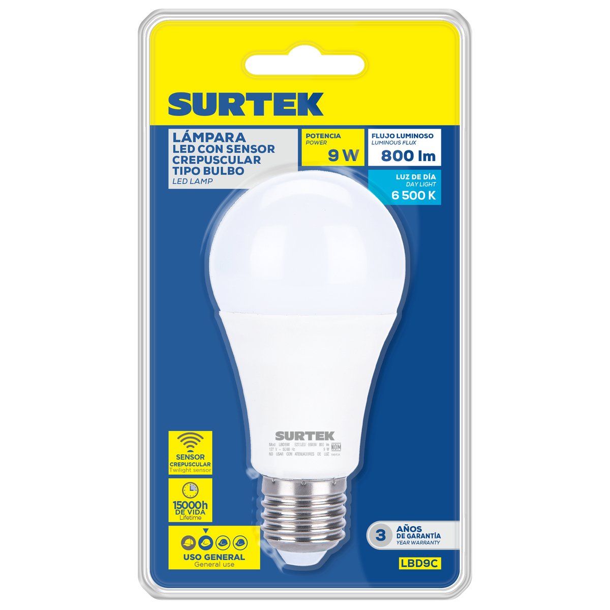Lámpara de LED tipo bulbo A19, 9 W luz de día con sensor crepuscular Surtek - Image 2