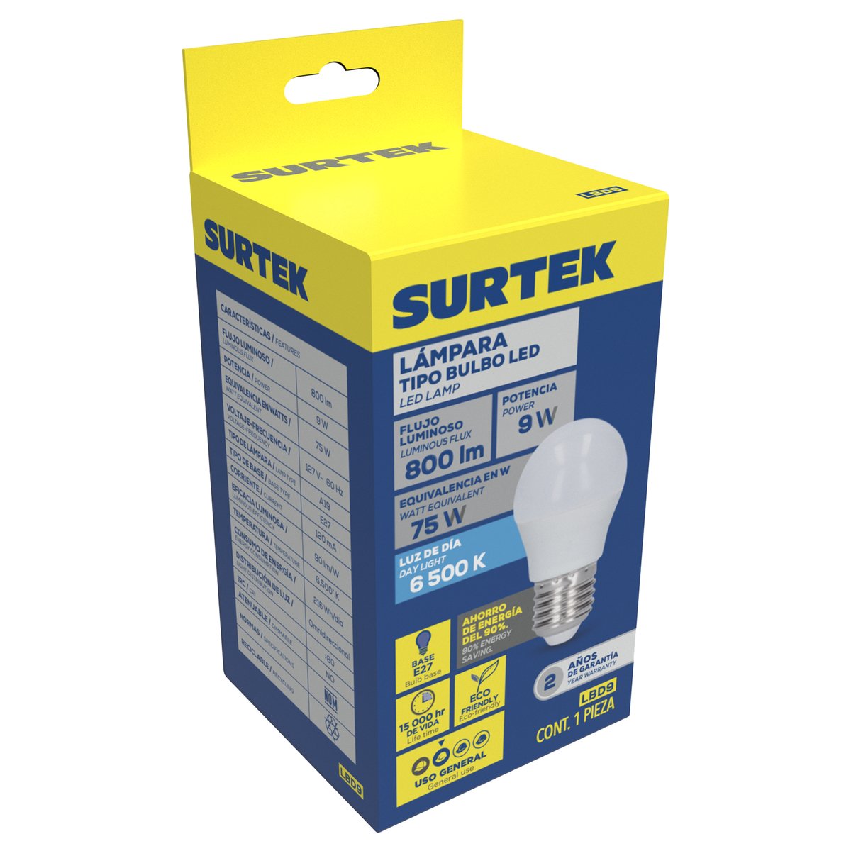 Lámpara de LED tipo bulbo A19, 9 W luz de día Surtek - Image 2