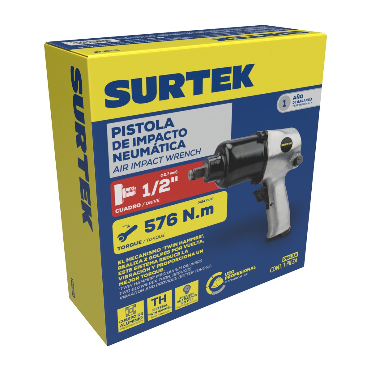 Pistola de impacto neumática cuadro de 1/2" 425 Ft-lb sistema twin hammer Surtek - Image 2