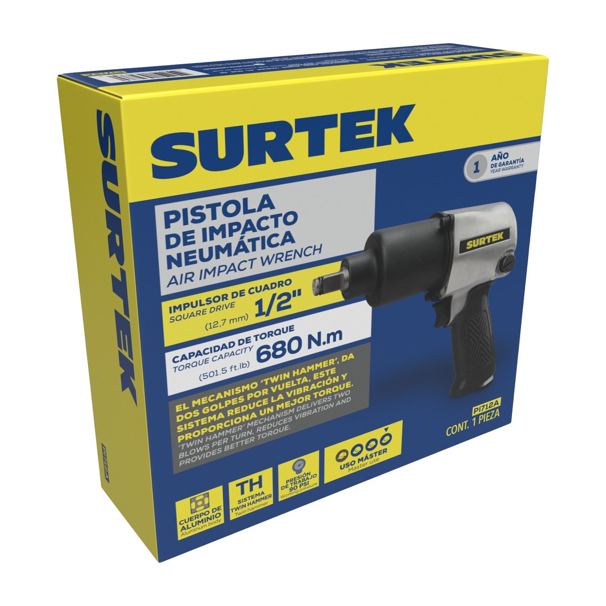 Pistola de impacto neumática cuadro de 1/2" 500 Ft-lb sistema twin hammer Surtek - Image 2