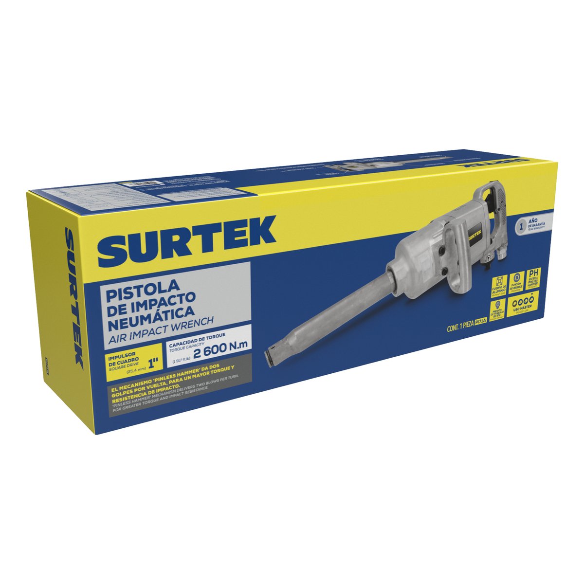 Pistola de impacto neumática cuadro de 1" 1,920 Ft-lb con extensión 9" sistema twin hammer Surtek - Image 2