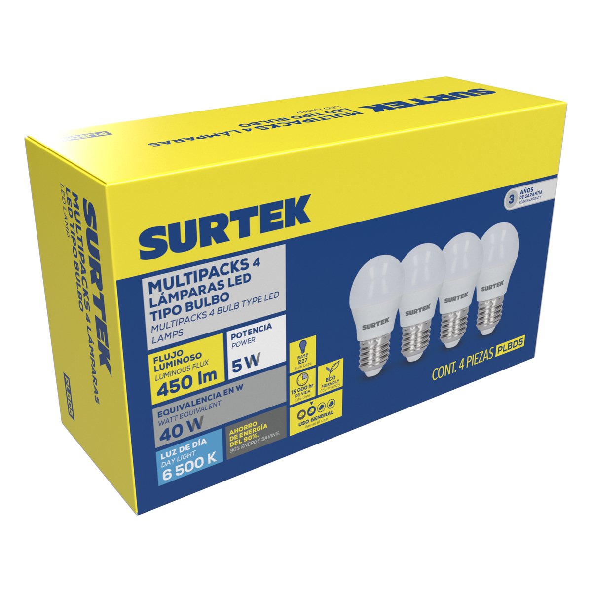 Paquete de 4 lámparas de LED tipo bulbo A19, 5 W luz de día Surtek - Image 2