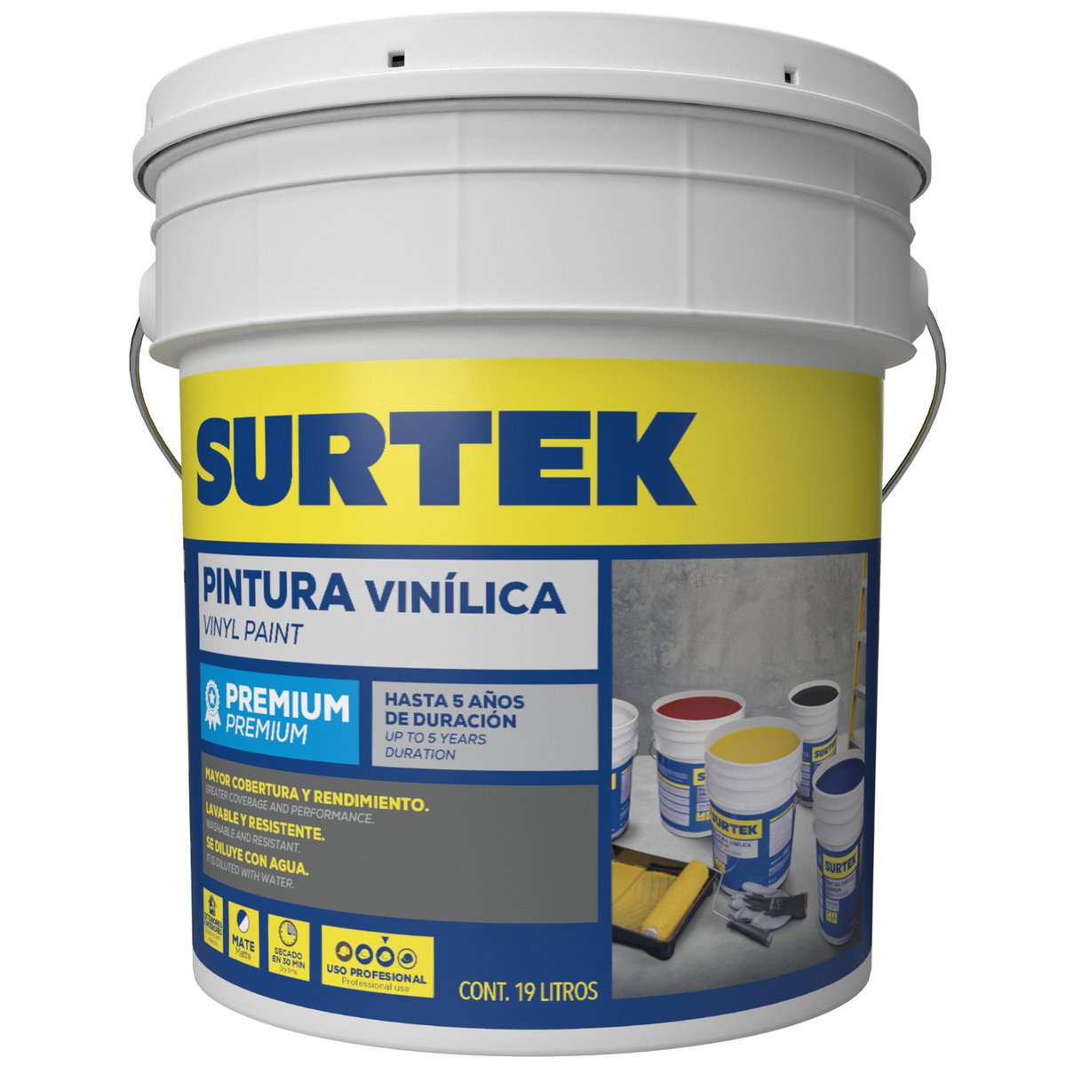 Cubeta de pintura vinílica premium 19 Lt color blanco Surtek - Image 2