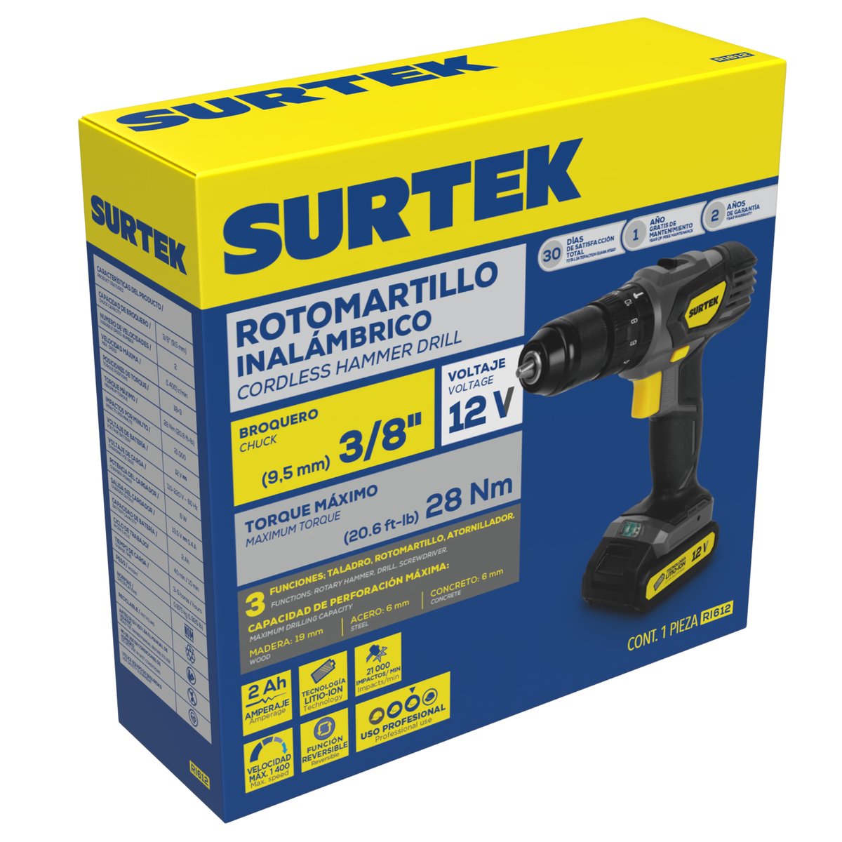 Rotomartillo de imp 3/8" a batería Litio-ion 12 V 28 Nm Surtek - Image 2