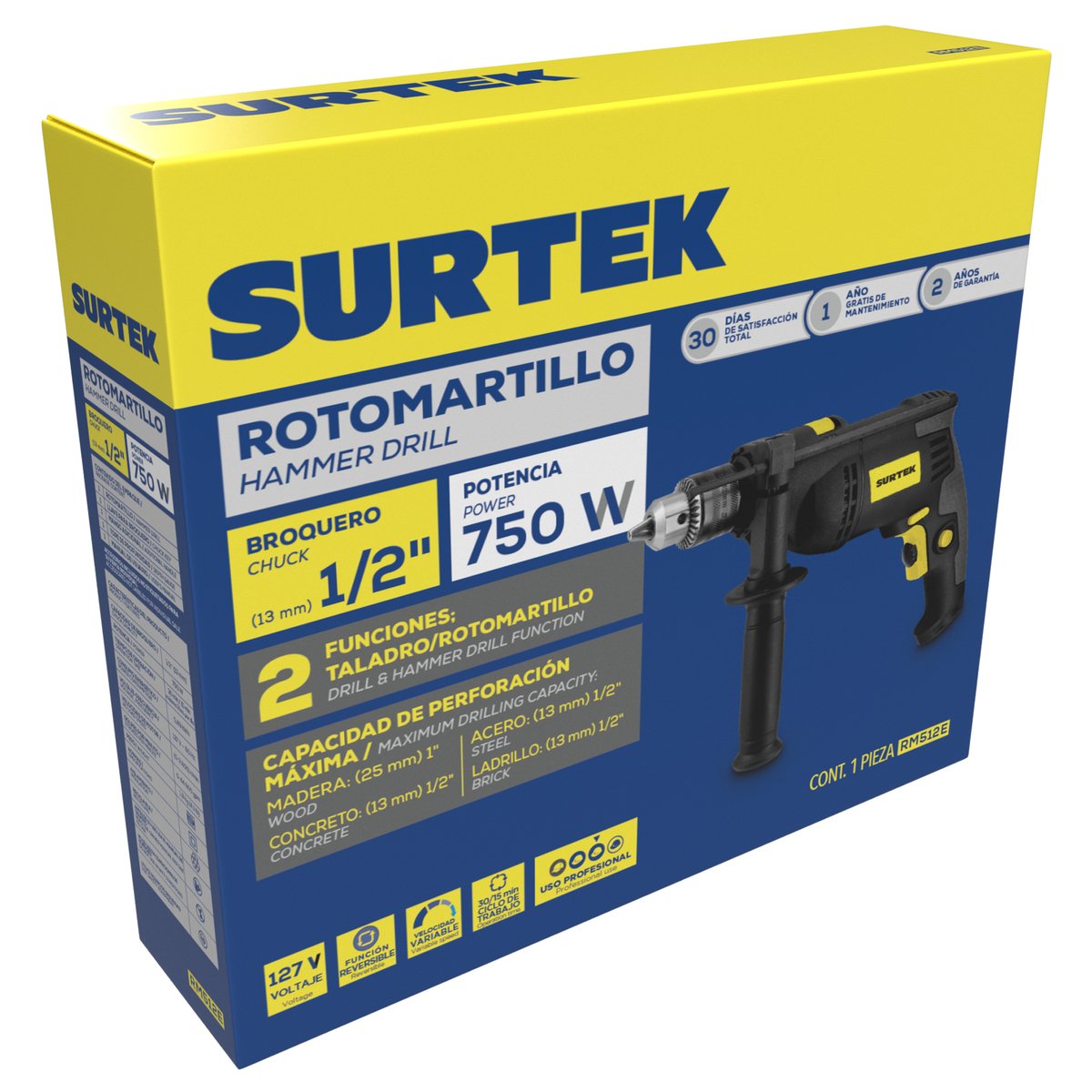 Rotomartillo 1/2" 750 W 127 V, 0 - 3,000 RPM con botón de traba para trabajos continuos Surtek - Image 2