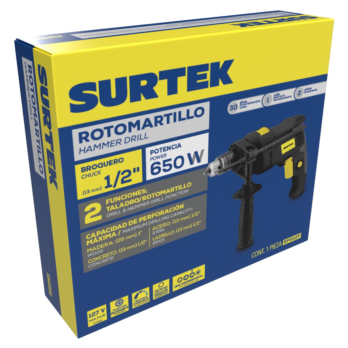 Rotomartillo 1/2" 650 W 127 V, 0 - 3,000 RPM con botón de traba para trabajos continuos Surtek - Image 2