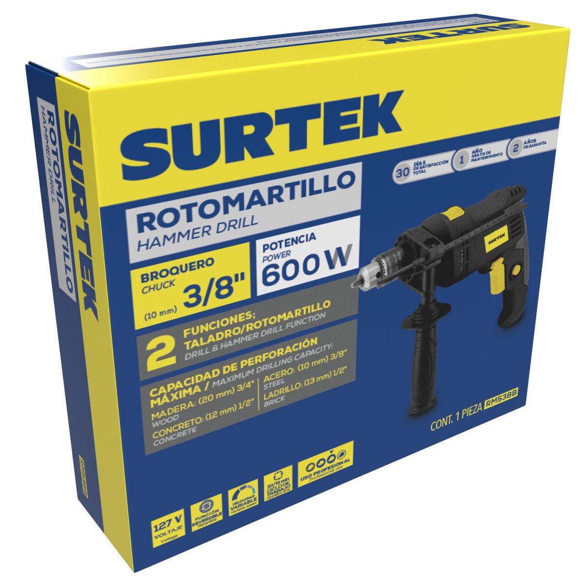 Rotomartillo 3/8" 600 W 127 V, 0 - 2,900 RPM con botón de traba para trabajos continuos Surtek - Image 2
