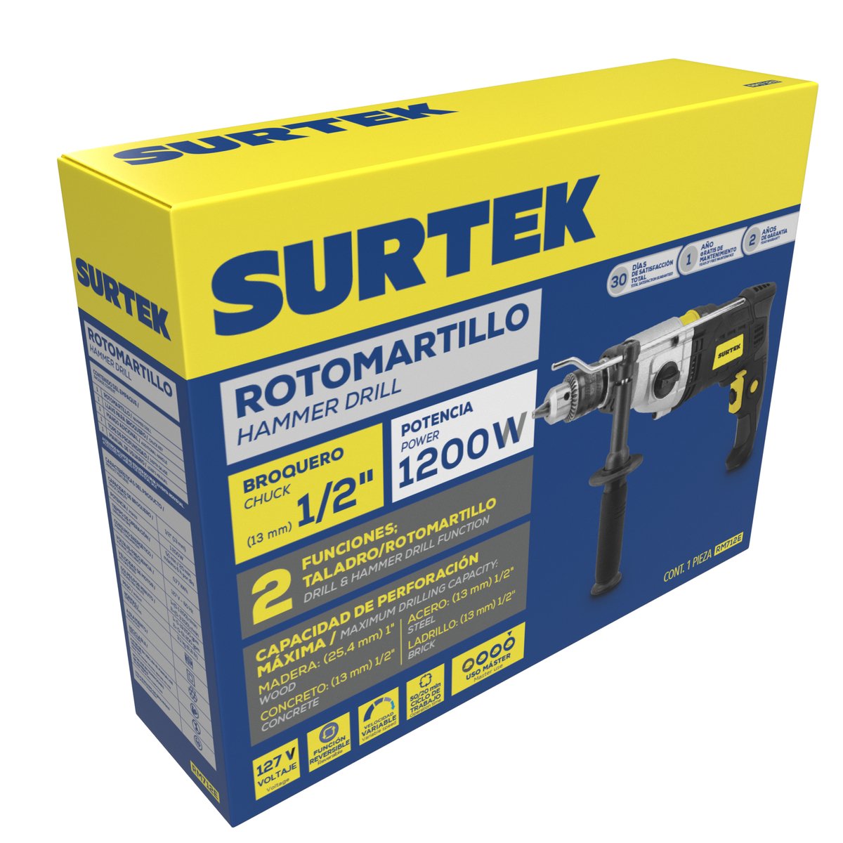 Rotomartillo 1/2" 1200 W 127 V, 0 - 3,200 RPM con botón de traba para trabajos continuos Surtek - Image 2