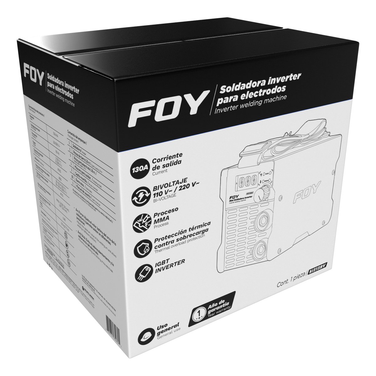 Soldadora inverter para electrodos de 1 fase bi voltaje 110-220 V, 130 A Foy - Image 2