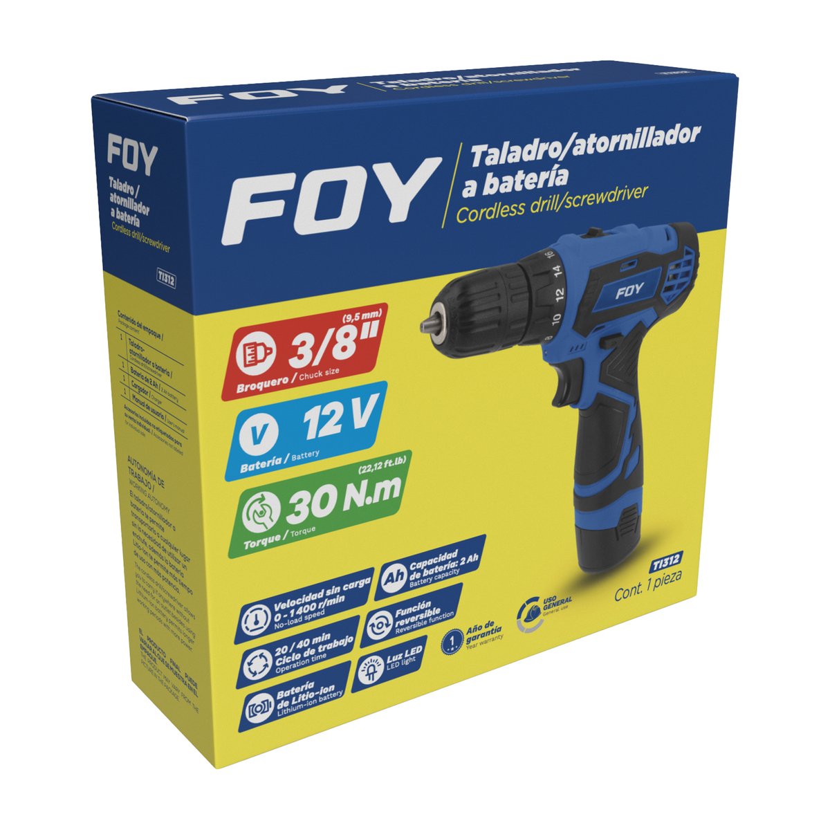 Taladro/atornillador 3/8" batería de Litio-ion 12 V, 30 Nm Foy - Image 2