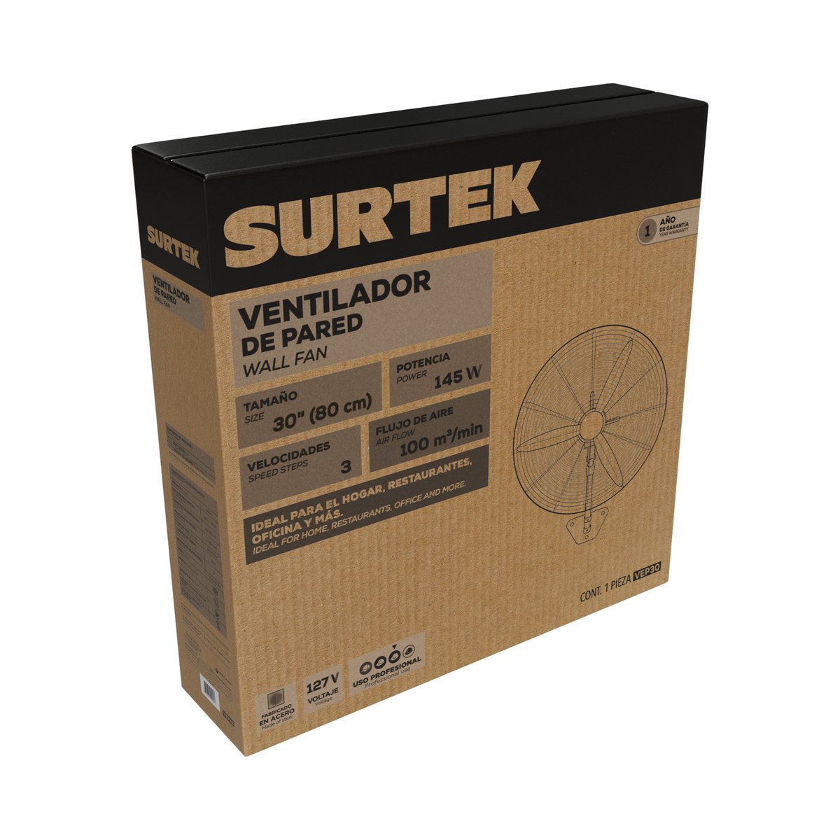 Ventilador de pared 3 velocidades, 30" Surtek - Image 2