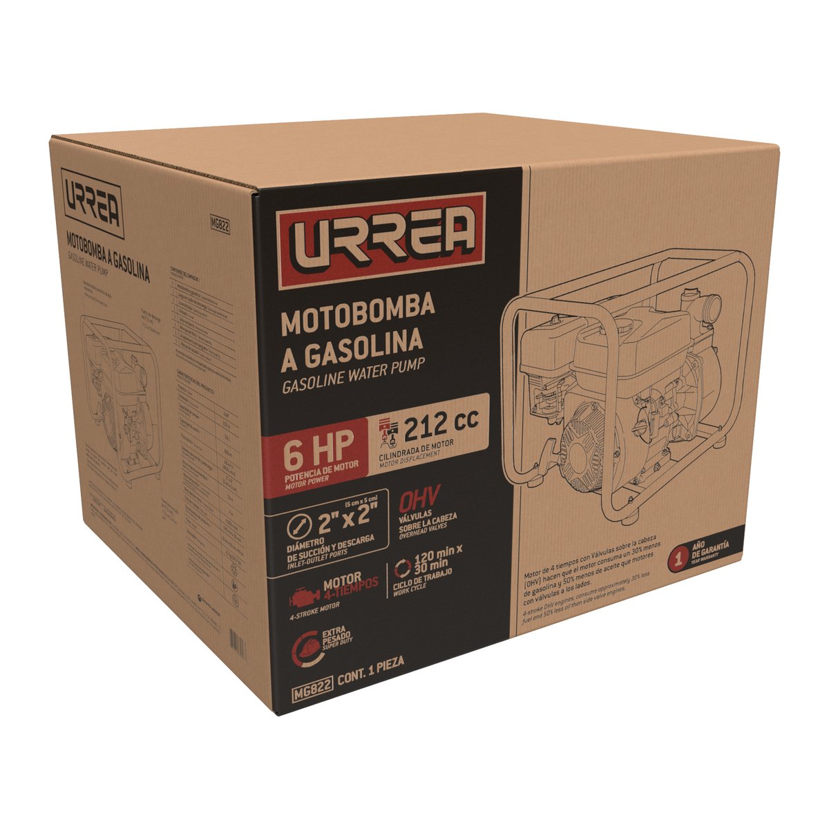 Motobomba a gasolina con diámetro de succión y descarga de 2 x 2", 6 HP Urrea - Image 2