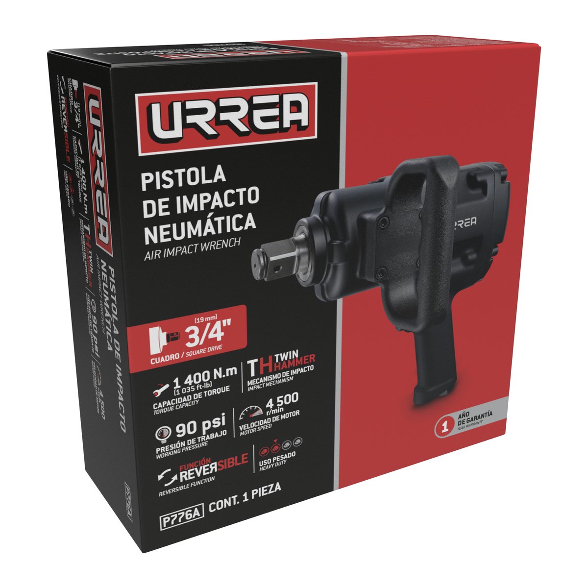 Pistola de impacto neumática cuadro de 3/4" 1,035 Ft-lb sistema twin hammer Urrea - Image 2