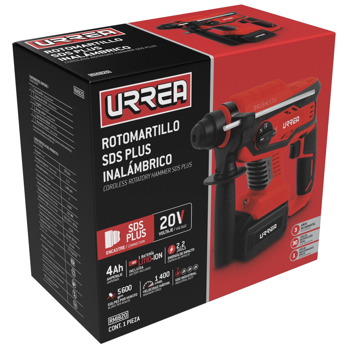 Rotomartillo SDS plus 4Ah a batería Litio-ion 20 V, 1400 RPM Urrea - Image 2